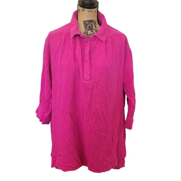 1X Leota Fuschia Pink Collared Pullover Tunic Seersucker Blouse - Picture 1 of 3